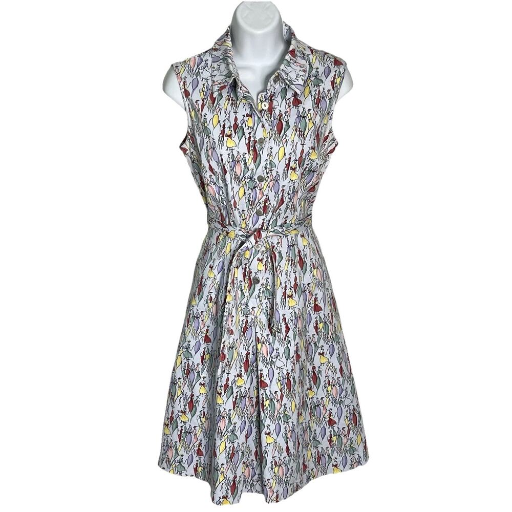 Talbots Floral Dress Women’s 8 Cotton Stretch Fit & Flare Waist Tie Pockets